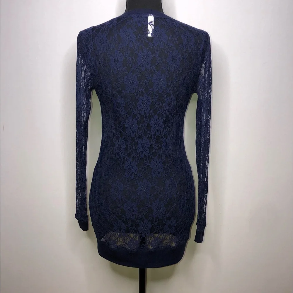 XHILARATION Navy Blue Sheer Lace Long Sleeve Small Cardigan Top